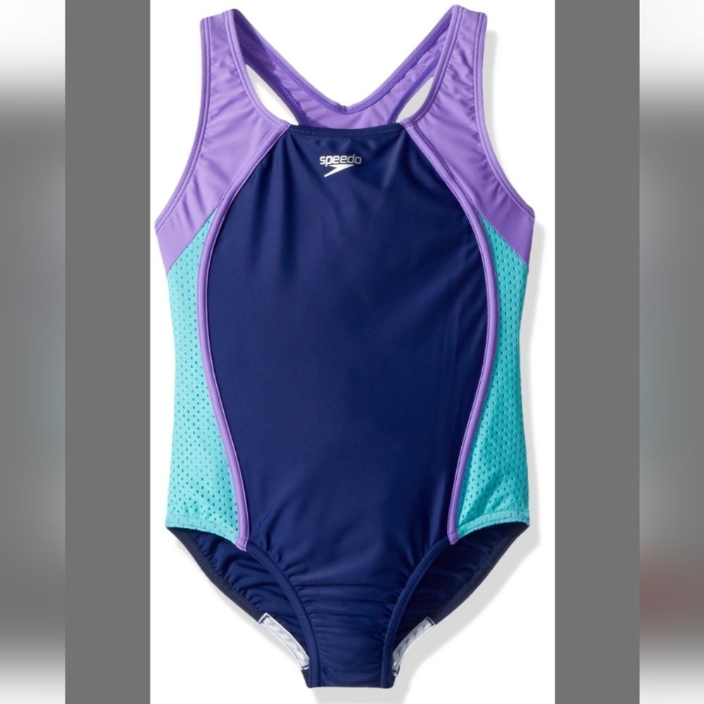 NWT Speedo Girl's Swimsuit One Piece Mesh Splice Blue Purple Thick Strap - Sz 16
